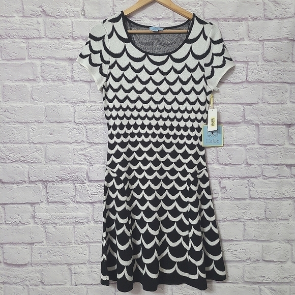CeCe Black white Metallic Victorisn Grace Knit Sweater Dress Small NWT - Picture 1 of 11
